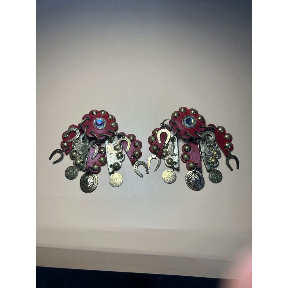 Vintage Western Leather Charm Earrings Red Horseshoe Cowboy Boot Clip On Repair